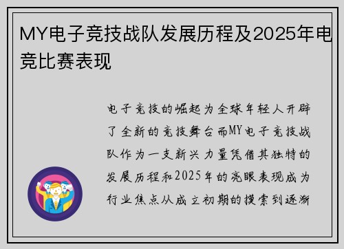 MY电子竞技战队发展历程及2025年电竞比赛表现